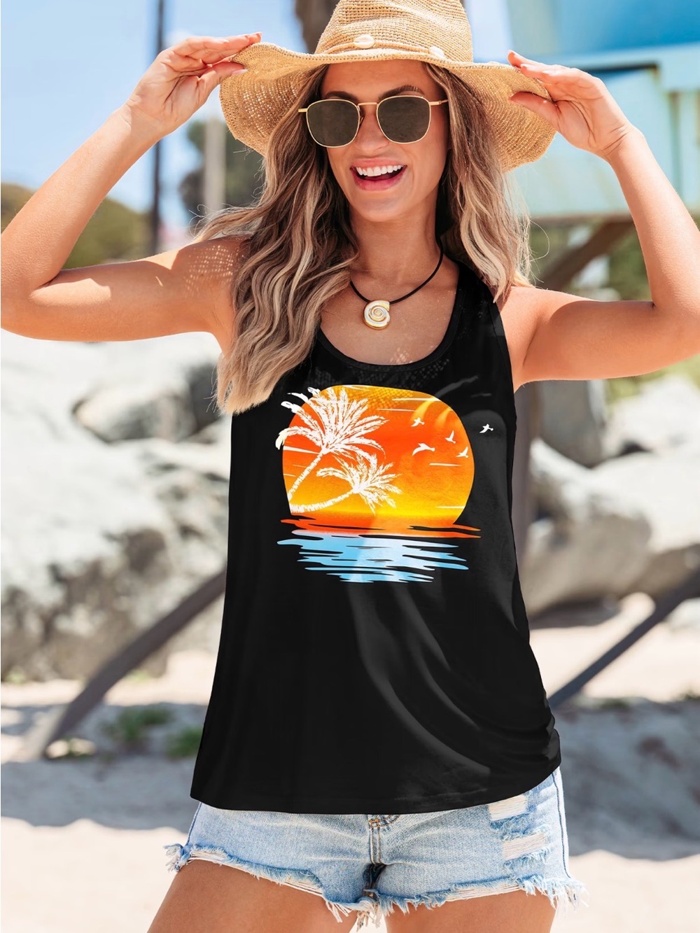 NWT CupShe Women's Black Sunset Palm Graphic Tank Top- size L
